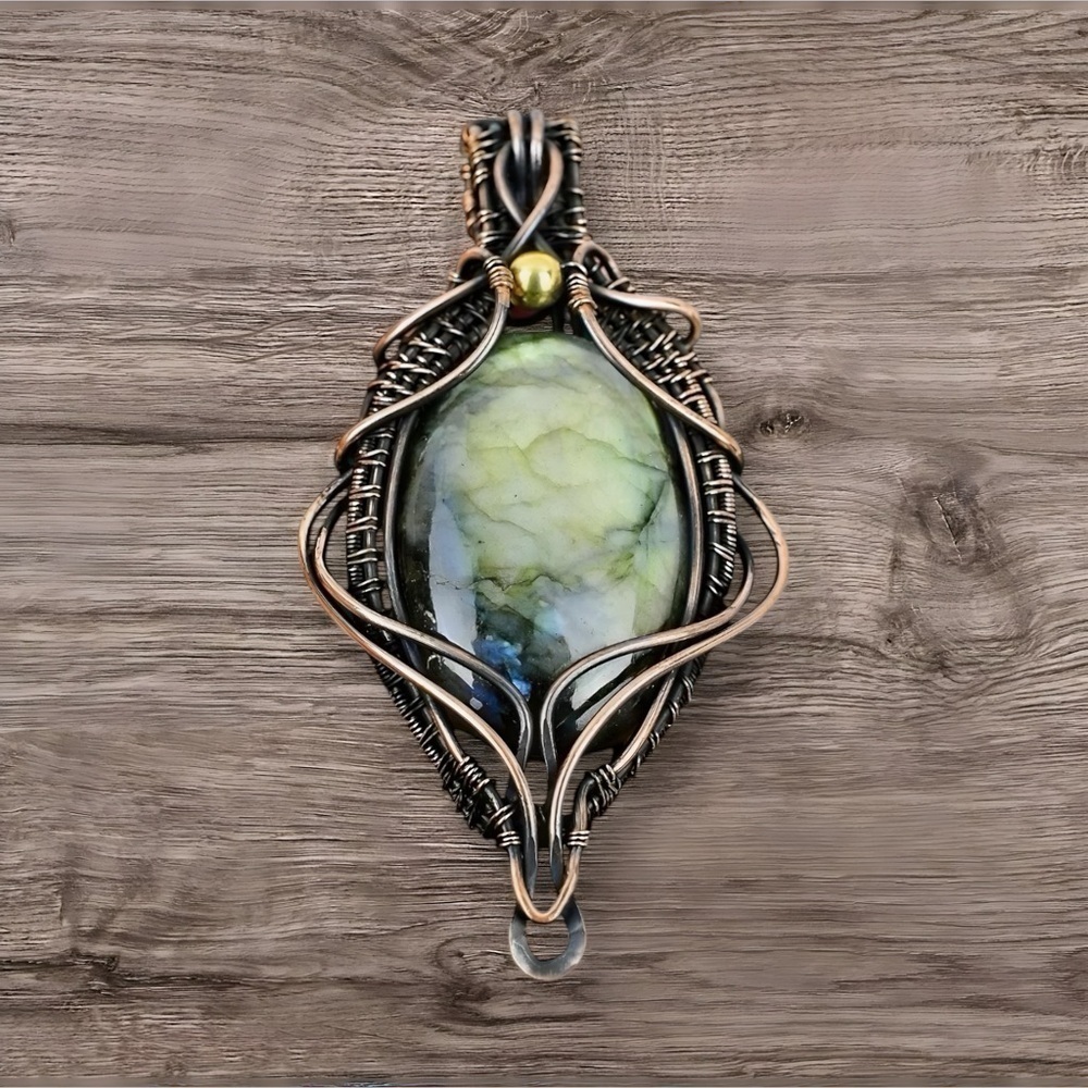 Natural Labradorite Copper Wrapped Handmade Pendant Necklace blue green read - Picture 1 of 11